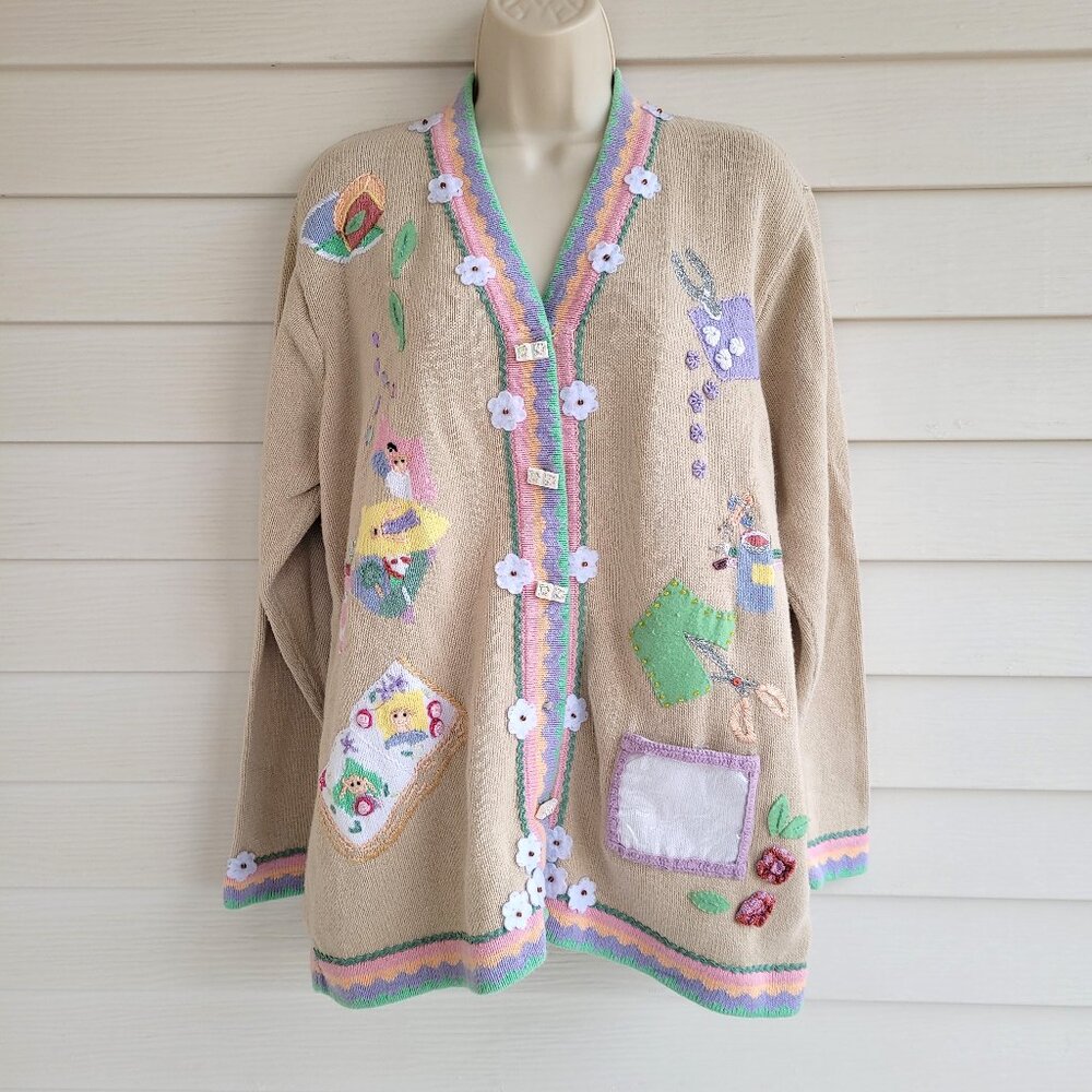 Y2K Storybook Knits handknit Making Memories scrapbook photo cardigan sweater